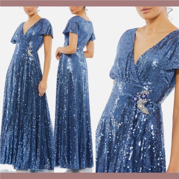 NWT $598 Mac Duggal [ 18 ]‎ Sequined Butterfly Sleeve Wrap A-line Gown Blue - Picture 1 of 15